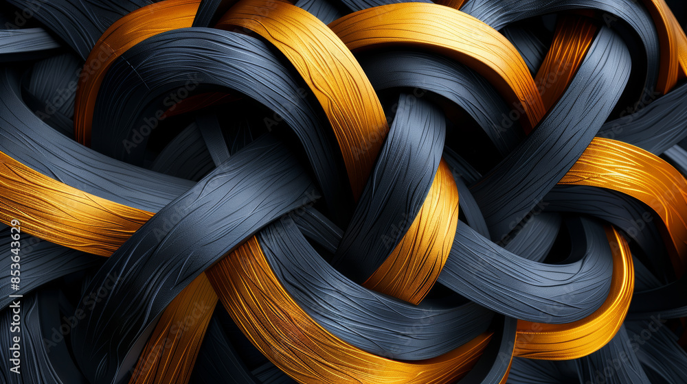 Poster an intricate 3d abstract composition featuring black and gold intertwined patterns. cartoon illustra