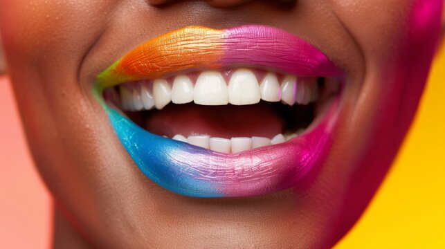 A woman with rainbow colored lips is smiling