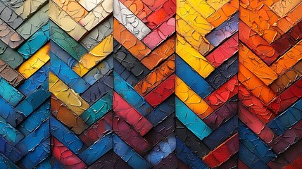 An abstract design of chevron patterns made of small, colorful tiles, creating a mosaic artwork effect. The tiles are in bright, contrasting colors, forming intricate chevron patterns. 