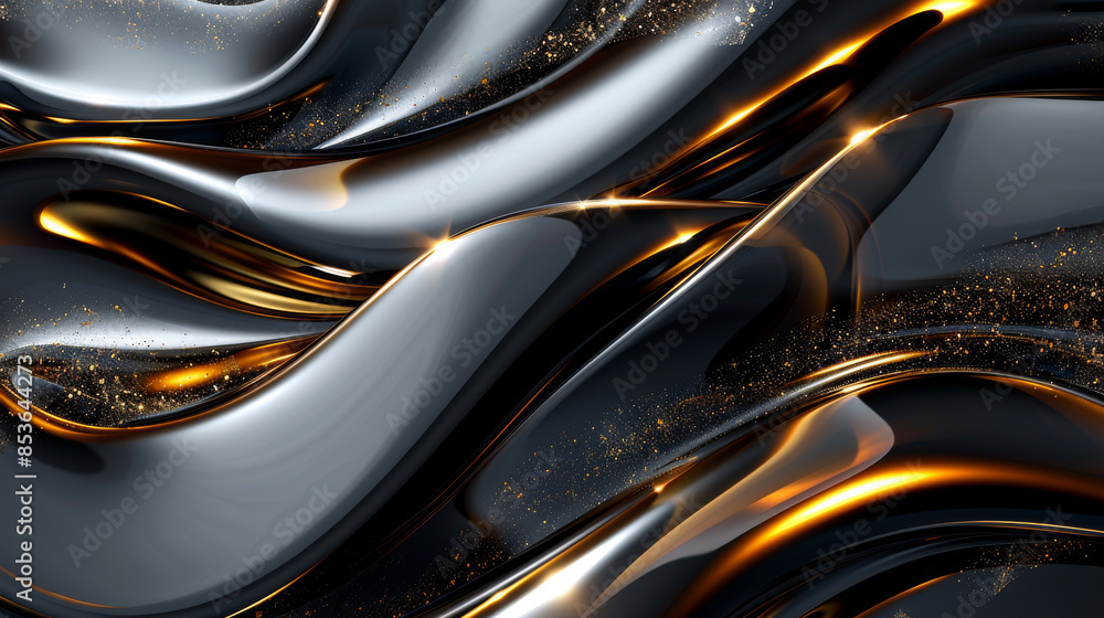 Poster dynamic 3d design showcasing fluid black and gold shapes in a harmonious blend. cartoon illustration