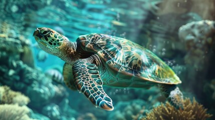 Obraz premium A majestic sea turtle glides gracefully against a stunning underwater backdrop, showcasing the beauty of marine life
