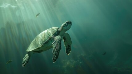Obraz premium A majestic sea turtle glides gracefully against a stunning underwater backdrop, showcasing the beauty of marine life