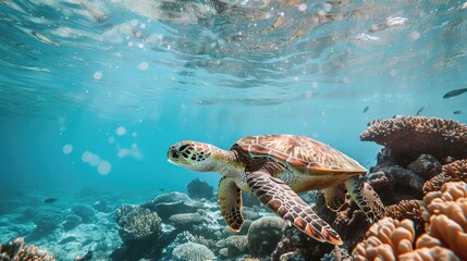 A sea turtle glides effortlessly through azure waters, with a stunning coral reef in the background