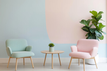 light green and pink armchairs in pastel living room interior with copy space for mockup
