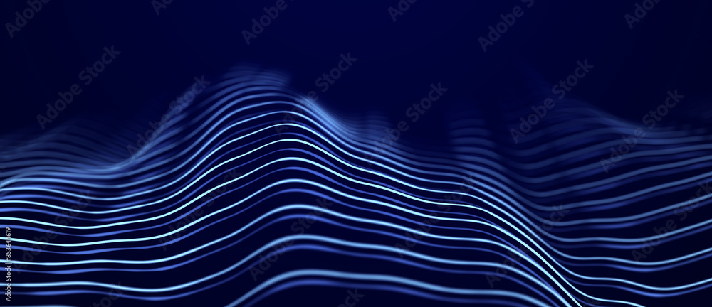 Leinwandbilder Abstract blue background of points. Wave of lines. Cyber particles. Big data stream. 3d rendering