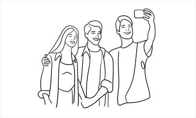 Three friends taking pictures, teenagers hugging continuous line art drawing isolated on white background. Vector illustration