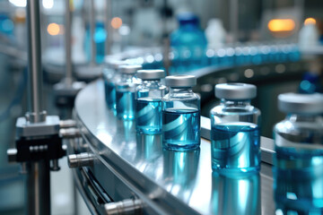 Pharmaceutical manufacturing line is producing vials filled with blue liquid,  in a modern factory