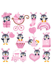 Obraz premium Set of pink digital elements of cute baby girl penguin