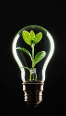 A green plant growing inside a light bulb, symbolizing eco-friendly innovation and the synergy between technology and nature, under warm light on a wooden table