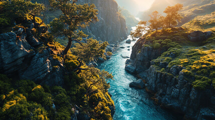 Minimal River Flowing In The Tropical Mountains Landscape Background