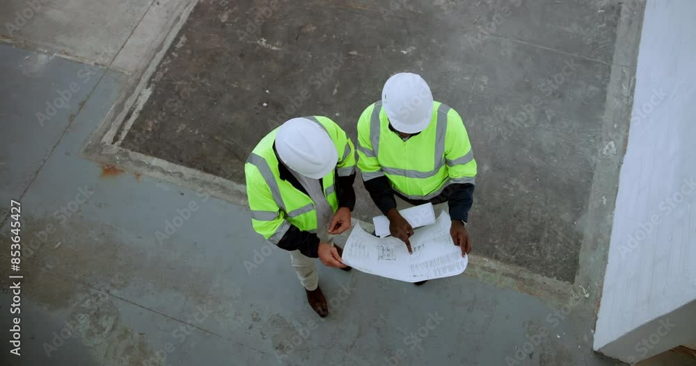 Fototapete architect, blueprint and discussion with documents above for building or construction at outdoor sit