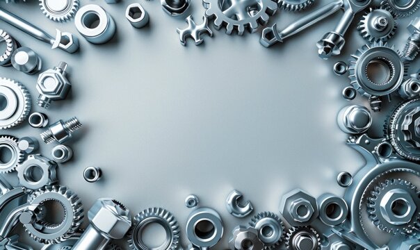 Wide gray banner with copy space in center, featuring new shiny mechanical tools, tubes, cogs, wheels, nut bolts for engineering and MEP plumbing repair services