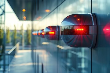 Modern Surveillance Camera Overlooking a Busy Urban Area with Reflective Glass Buildings in the Background. High-tech security camera system with red indicator lights. Modern office building