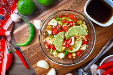 Thai traditional chilli and fish sauce with lime on top and garlic with a cup of with sauce