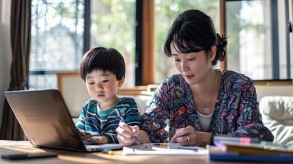 An Asian mother and her kid study at home
