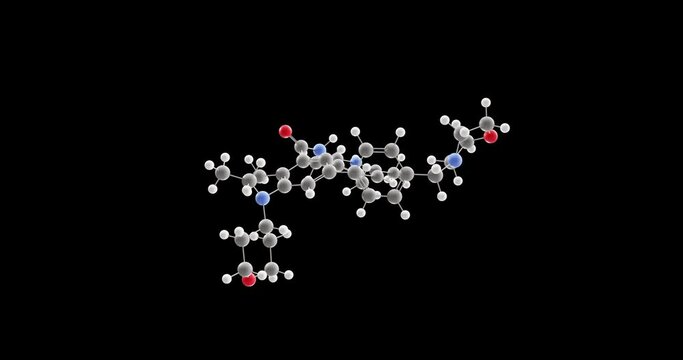 Tazemetostat molecule, rotating 3D model of antineoplastic agents, looped video on a black background