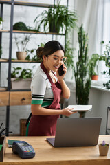 Obraz premium Young Asian woman in apron, chatting on phone and holding papers, smiles at her plant shop counter.