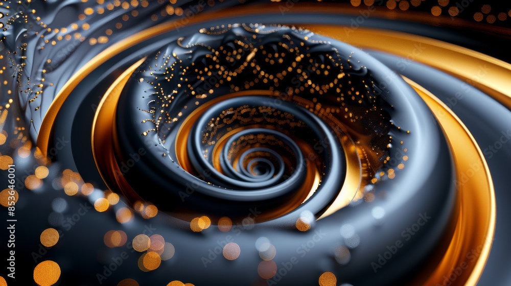 Poster striking 3d artwork with swirling black and gold elements, creating a mesmerizing effect. cartoon il