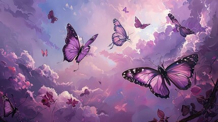 Pink and purple butterflies flutter gracefully against a serene sky backdrop in a captivating painting