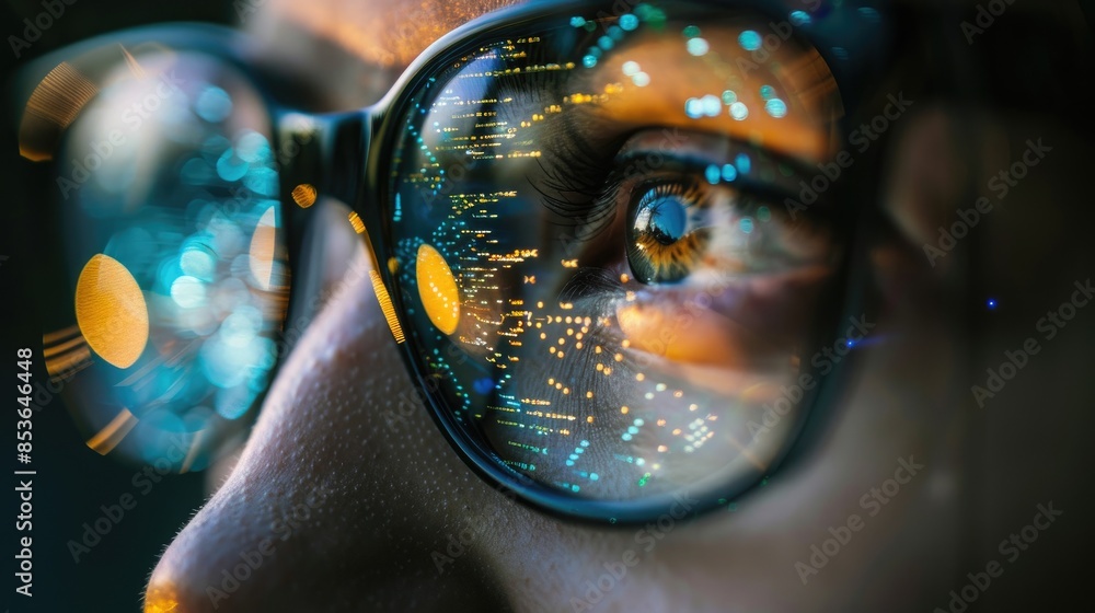 Poster the eye of a programmer wearing glasses reflects intricate lines of code, depicting ai assistance at