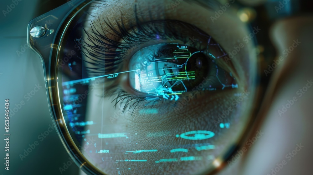 Poster the eye of a programmer wearing glasses reflects intricate lines of code, depicting ai assistance at