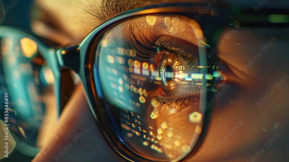 Poster the eye of a programmer wearing glasses reflects intricate lines of code, depicting ai assistance at