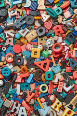 Fototapeta premium A crowded assortment of fridge magnets in various shapes, sizes, and colors, filling the entire frame. The magnets include letters, numbers, and novelty designs.