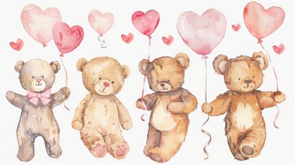 Whimsical watercolor teddy bears and balloons create a heartwarming illustration set for your designs.