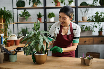 A smiling Asian woman in an apron is tending to a plant in her shop.
