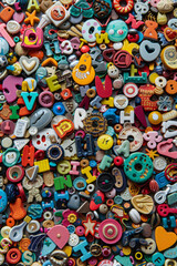 A crowded assortment of fridge magnets in various shapes, sizes, and colors, filling the entire frame. The magnets include letters, numbers, and novelty designs.
