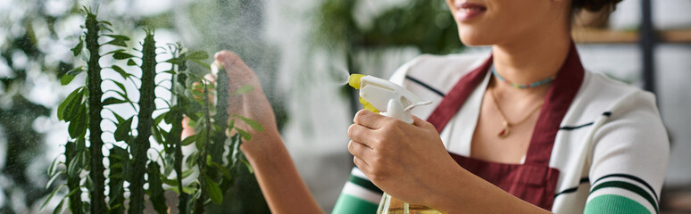 A young woman in an apron gently sprays water on a plant in her small plant shop.