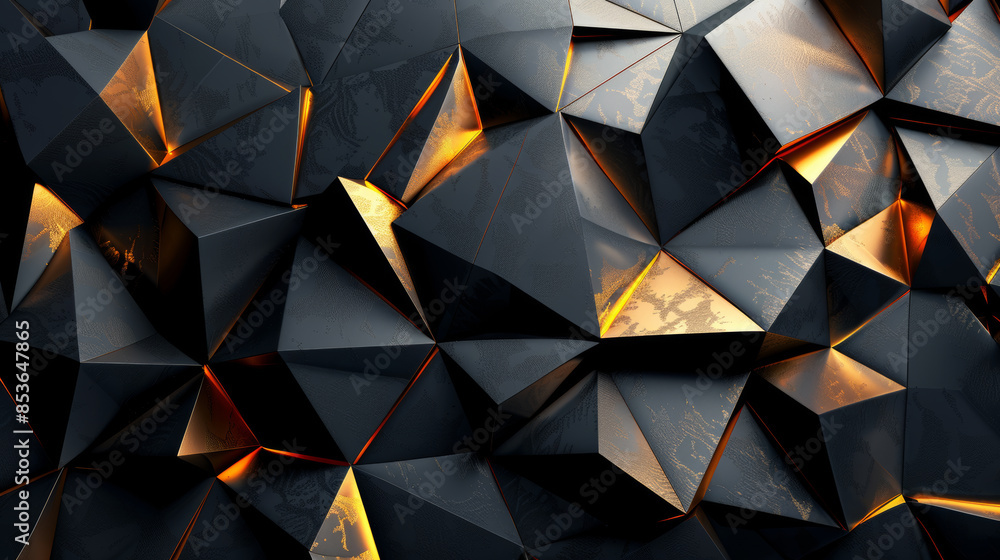 Poster sophisticated 3d rendering of black and gold geometric forms, layered to create depth. cartoon illus