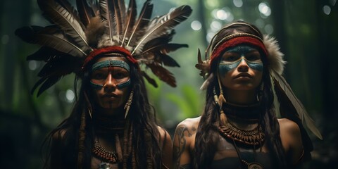 Amazon forest dwellers honor ancestral wisdom in sacred landscape respecting physical environment. Concept Indigenous wisdom, Amazon forest, Sacred landscape, Environmental respect