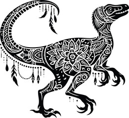 velociraptor in silhouete with bohemian nature pattern illustration