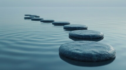 Zen Stones in Water, round stones floating on the water create a peaceful atmosphere that evokes relaxation or meditation. serene background with smooth.