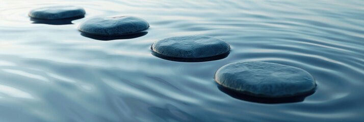Zen Stones in Water, round stones floating on the water create a peaceful atmosphere that evokes relaxation or meditation. serene background with smooth.