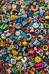 Fototapeta premium A crowded assortment of fridge magnets in various shapes, sizes, and colors, filling the entire frame. The magnets include letters, numbers, and novelty designs.