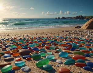 Multicolored sea glass stones on the beach