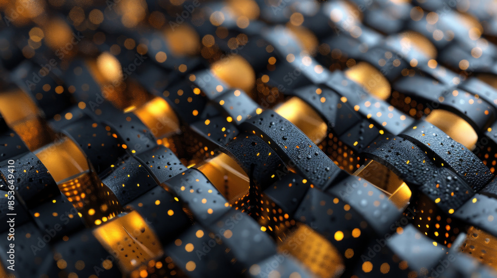 Poster captivating 3d scene with interlocking black and gold structures, forming an abstract pattern genera