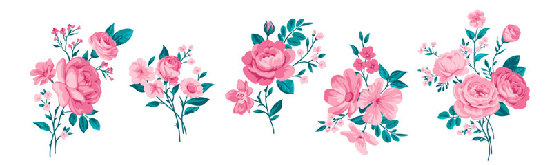 Collection of small pretty rose bouquets for design of greeting cards