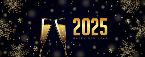 happy new year 2025 greeting card champagner and snowflake vector illustraion