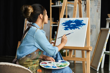 A young Asian woman in an apron paints a blue sky on a canvas in her art studio.