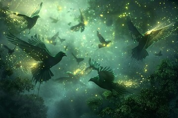 Fototapeta premium a mystical depiction of migratory birds with glowing wings