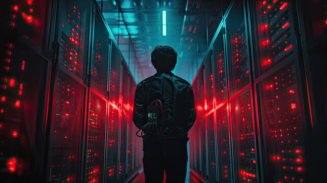 a man inside a server room with dark red vibe