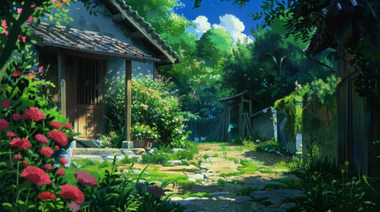 Obraz premium illustration art garden at summer style art anime