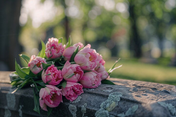 Close-up of a bouquet of pink flowers on gravestone at cemetery with copy space. Natural lighting and bokeh effect. Mourning and remembrance concept. Design for editorial and memorial products.
