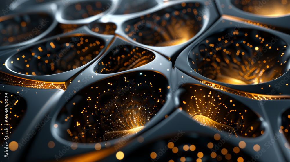 Poster captivating 3d scene with interlocking black and gold structures, forming an abstract pattern genera