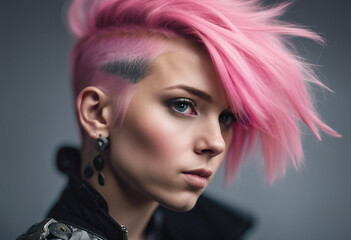 portrait of a girl in a punk outfit with pink hair shaved on the side, isolated white background