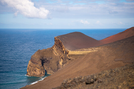 The Capelinhos volcano on Faial Island, the Azores, Portugal. Volcanic complex of Capelo. Caldera of Caldeira Volcano. Atlantic ocean coast. IUGS geological heritage site.