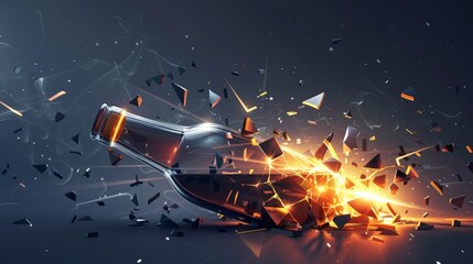 Digital art of a shattered bottle with glowing light emerging from it symbolizing breaking free from alcohol addiction with a clean background for presentations